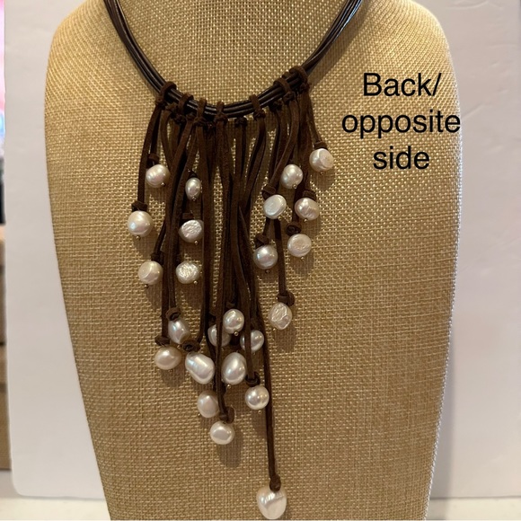 NWT Chico’s Boho Necklace “Brown Pearl Prairie Sunset” Leather w/ fringe tassel - Picture 8 of 13